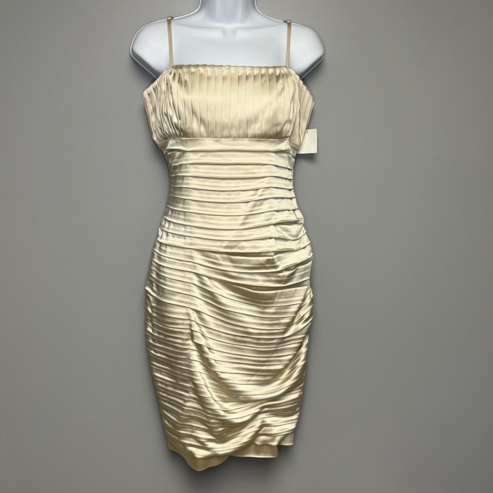 NWT Calvin Klein Cream Pleated Satin Strappy Evening Body Con Mini Dress Sz 10
